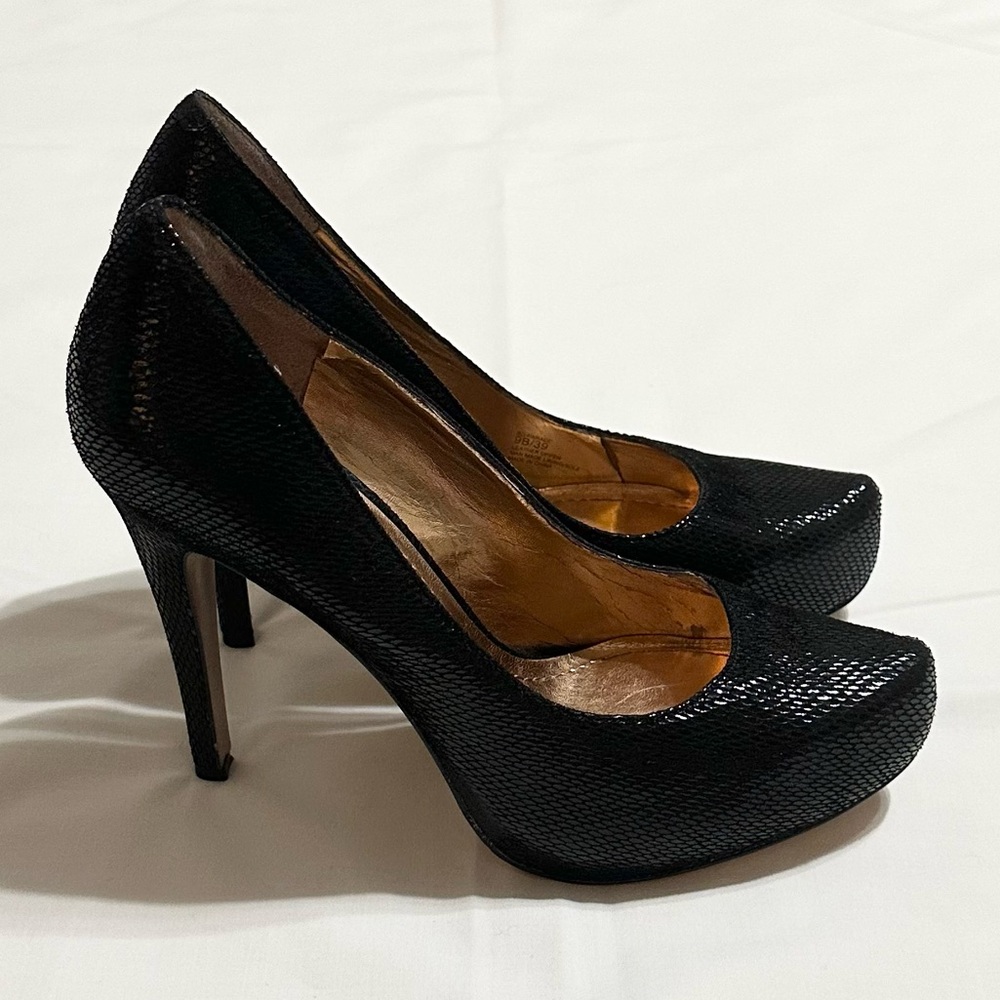 BCBGeneration Parade Black Snakeskin Leather Platform Stiletto w/Rose Gold - 9B